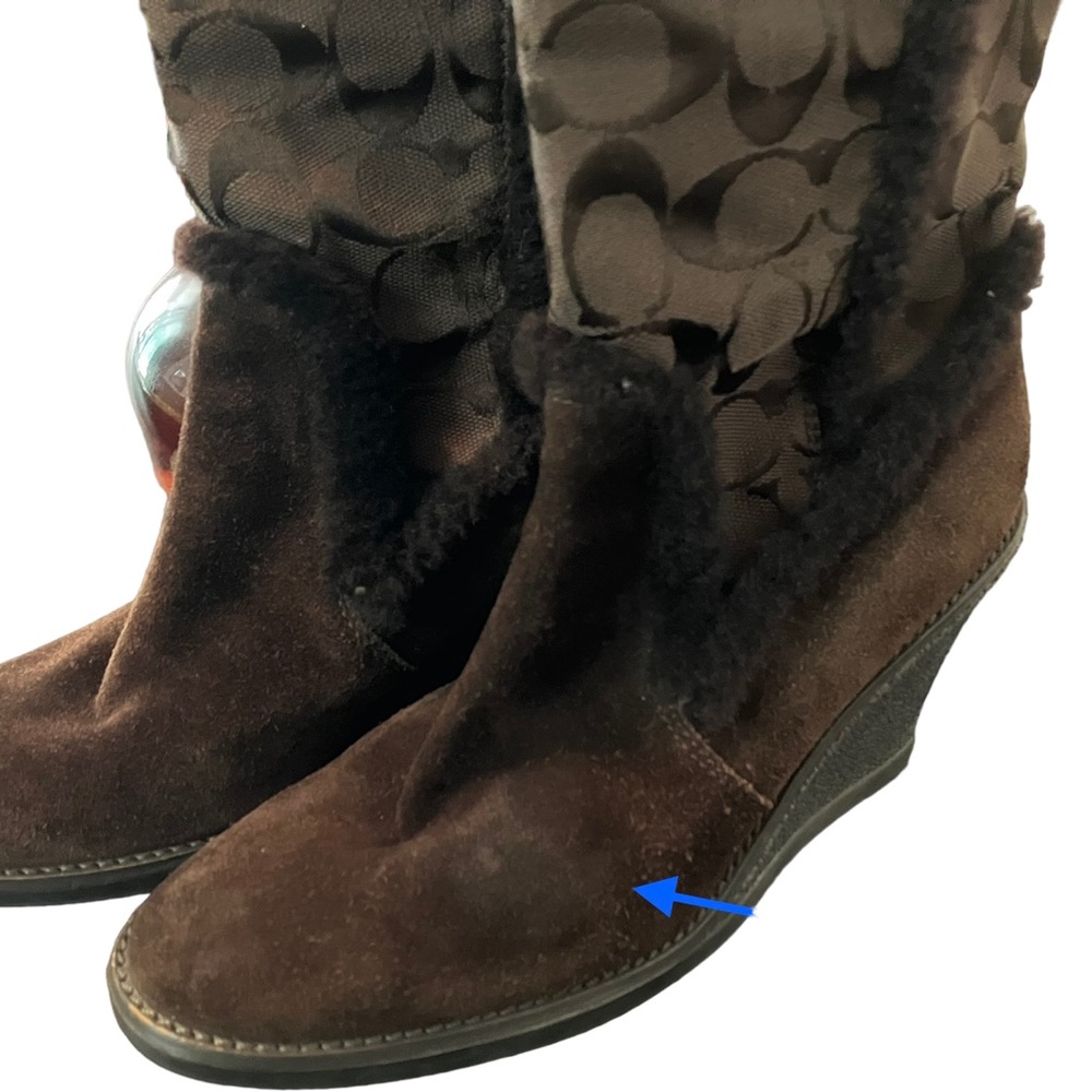 Coach Brown Monogram C Logo Jordana W123Sheepskin Suede Zip Wedges 7 1/2M No box - Picture 12 of 12